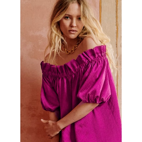Sezane edition tamara voluminous puff sleeve mini dress fuchsia magenta pink - Picture 2 of 8